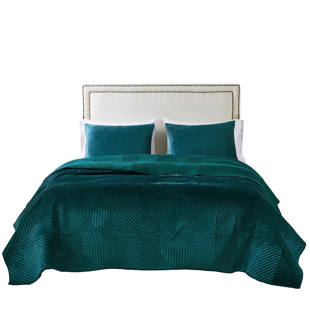 Barefoot Bungalow Riviera Velvet Modern Quilt Set, Teal, King - Reversible - Picture 5 of 10